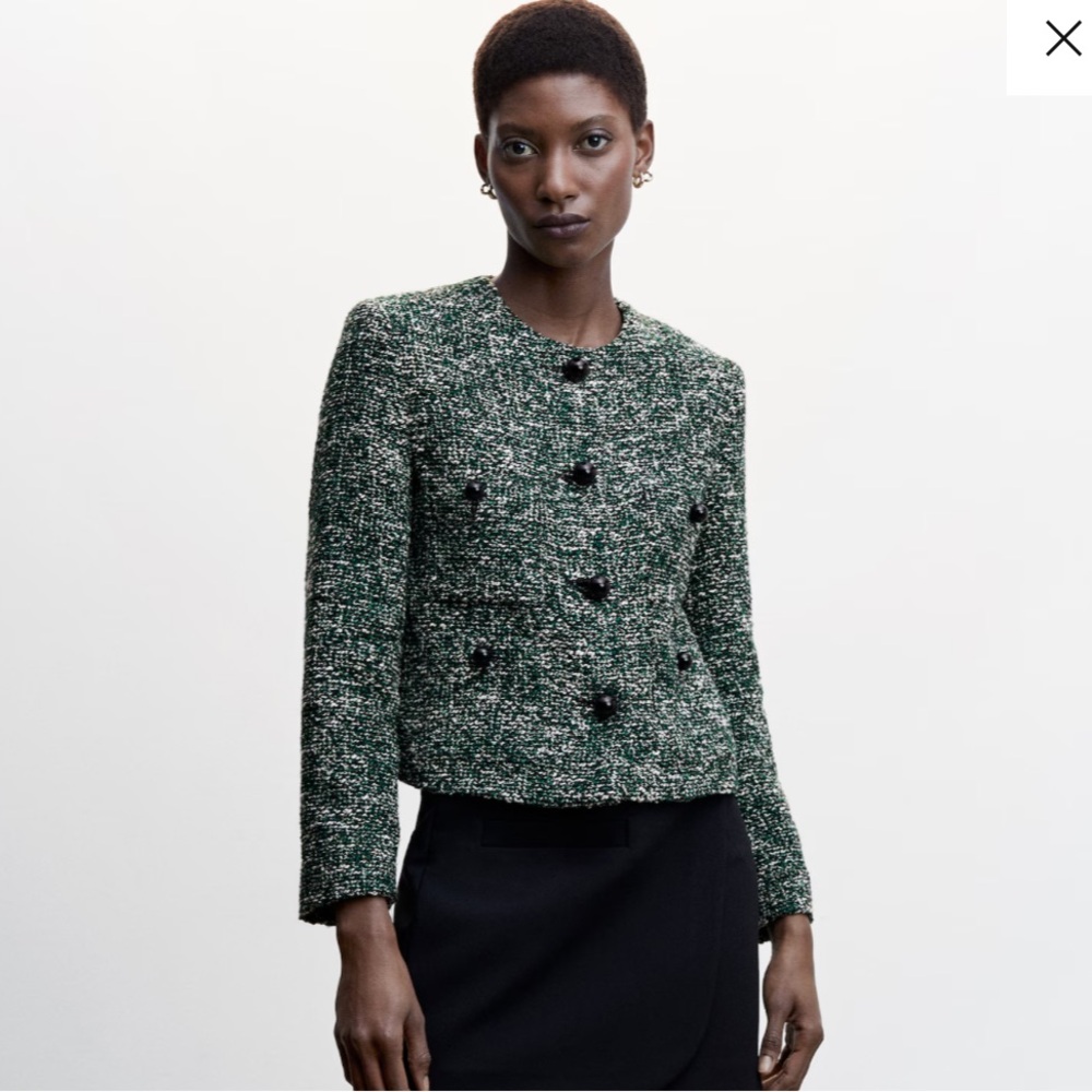 Mango green tweed jacket, women’s Medium, NWT, front pockets.